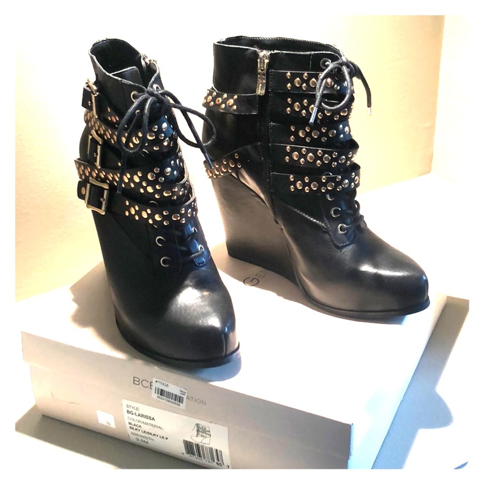 BCBG Larissa High Wedge Heel Bootie with Gold trim